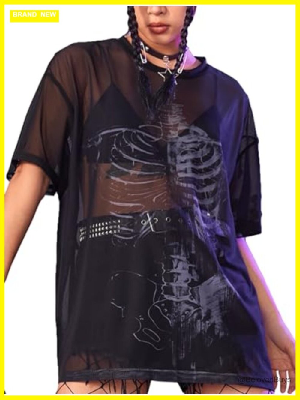 Sheer Mesh Short Sleeve Skeleton Print Rave Top